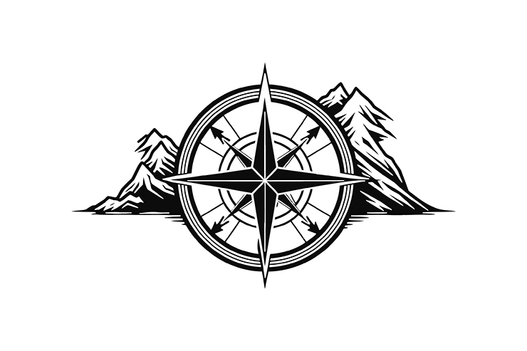 Compass with mountains illustration icon logo
