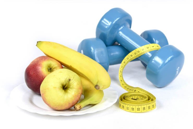Weight dumbbell dumbbells measuring tape fruits banana apple healthy food loss diet plan