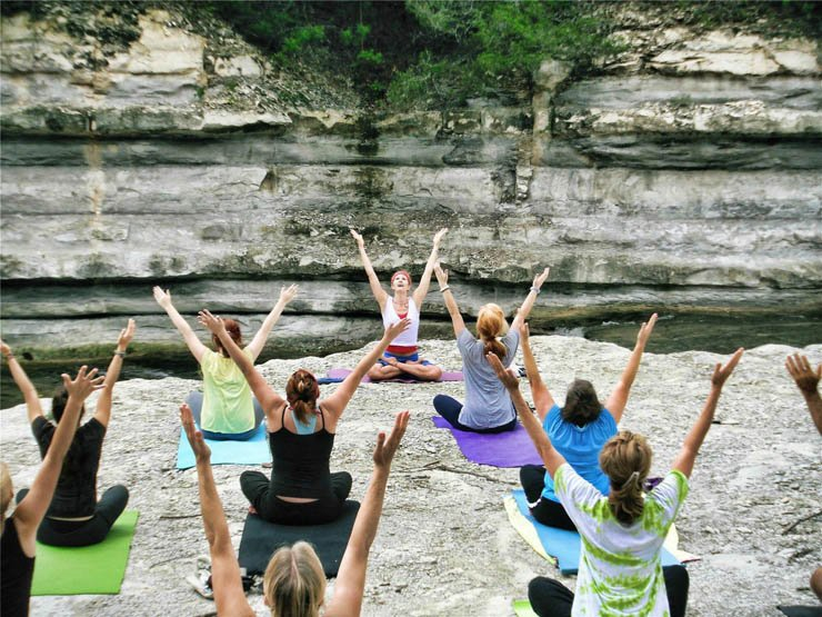 Yoga group ladys streching nature river lake pose sit sitting mat mountain exercise meditation