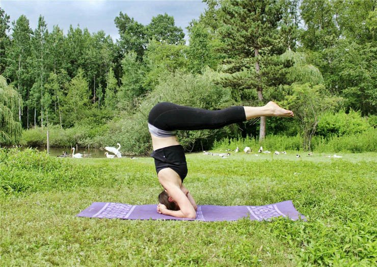 Yoga park nature lake mat woman lady pose relaxing upsidedown sportswear sport position exercise meditation