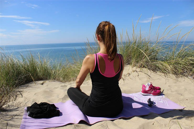 Yoga sand nature pose sea water sky clear lady woman mat sportswear relax