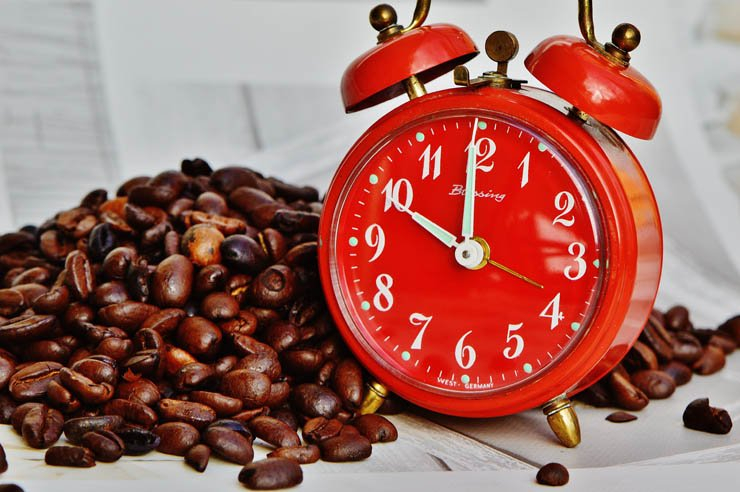 alarm clock red coffee beans bean morning breakfast cafe