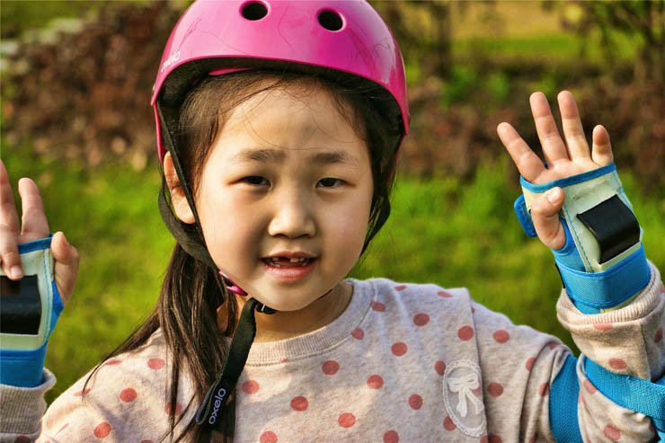 asian girl pink helmet happy playing kid kids