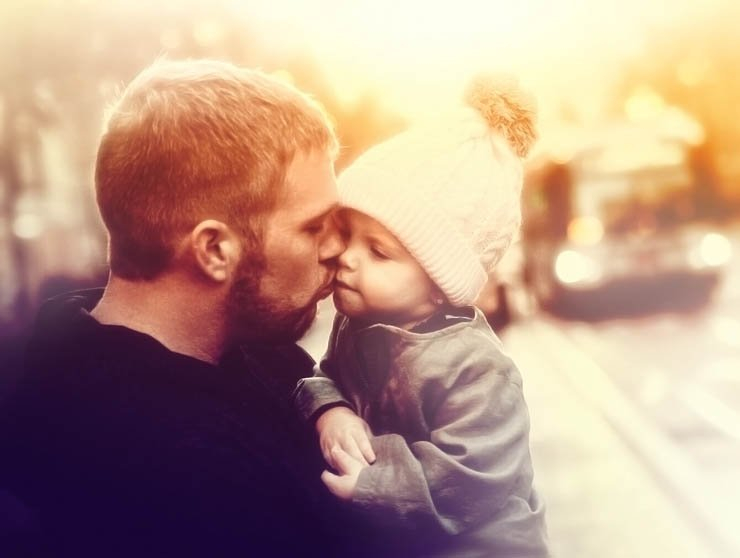 dad son kid kiss love care hold holding hat baby