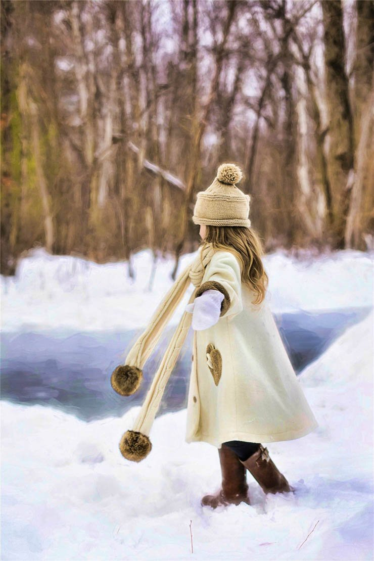 girl kid child icecap snow play enjoy forest