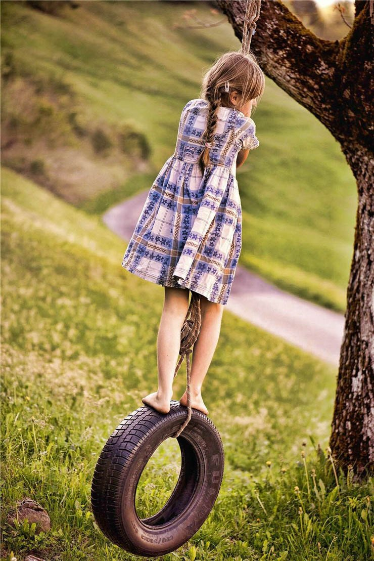 girl kid kids wheel tire tyre tree trees branch branches forest grass picnic park garden