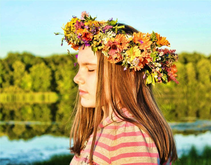 girl relaxing flowers crown nature