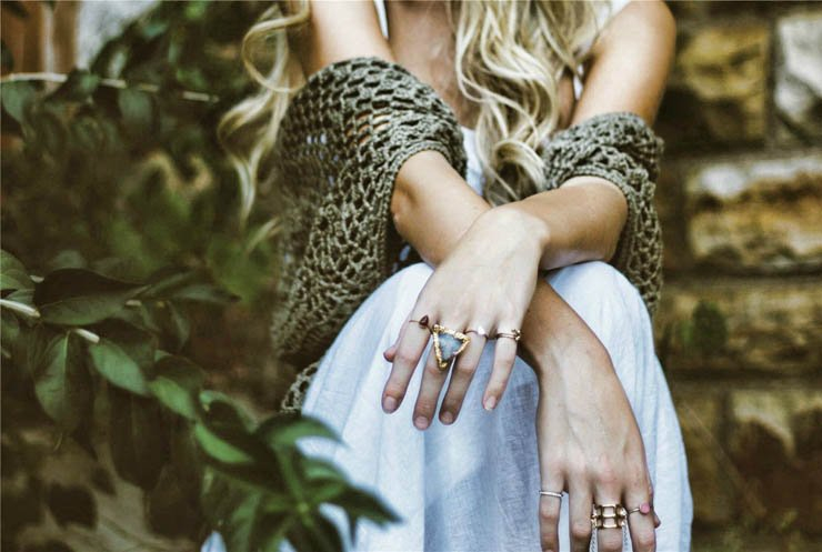 hand hands arm arms ring rings female scarf nature leaf leaves
