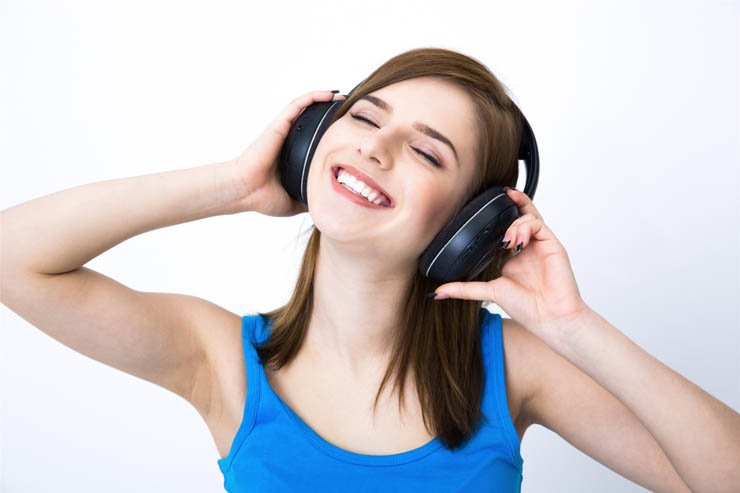 happy girl woman lady listen music song headphones smile enjoy headphone