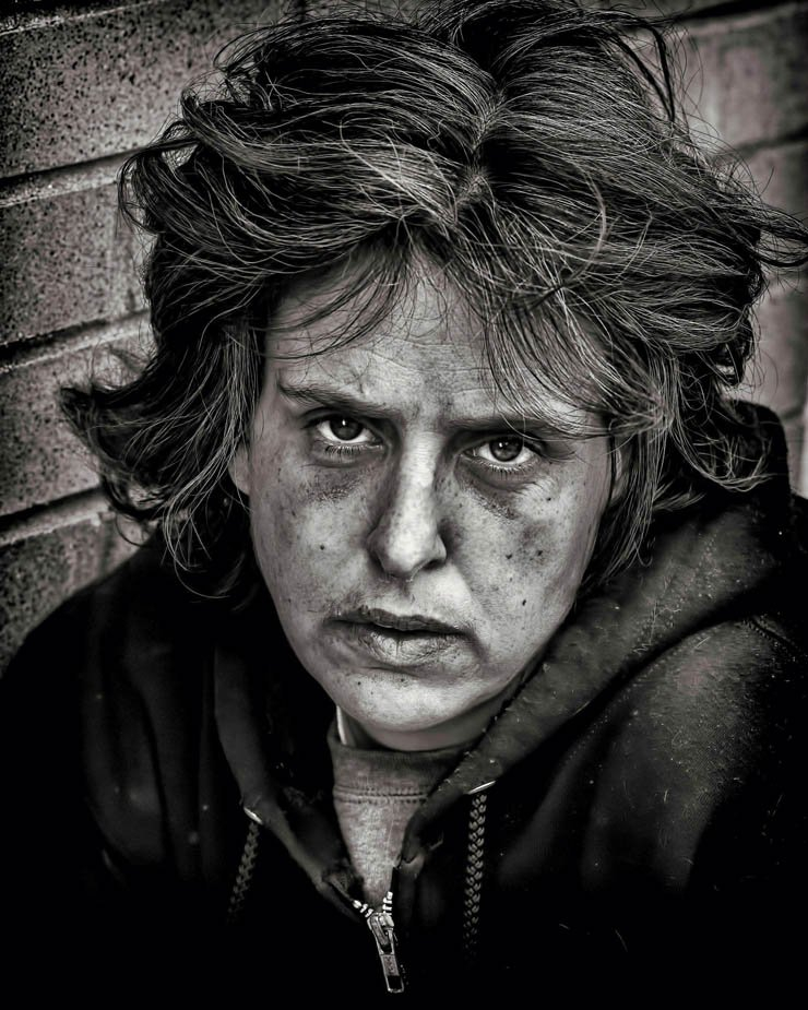 homeless woman sad black white
