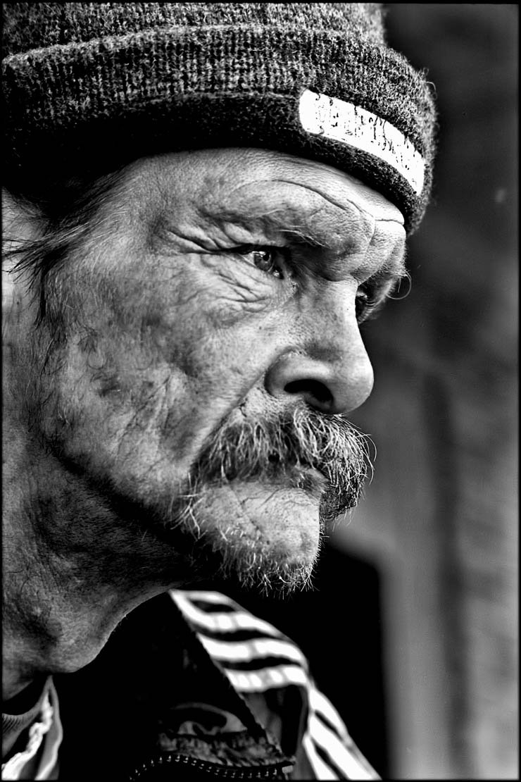 icecap old man wrinkless side mustache face black white