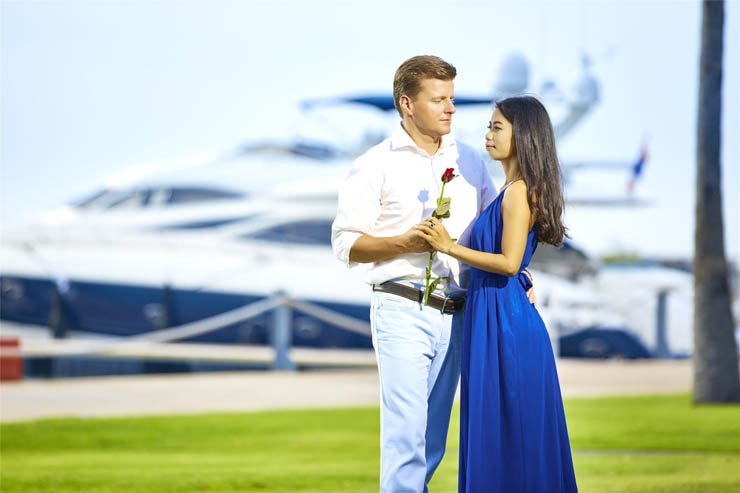 love romance man woman flower dress yacht sky garden