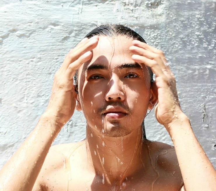 man asian swim shower swimming water wet moist topless handsome good looking