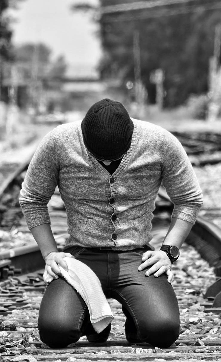 man sad break down broken rail railway train street black white