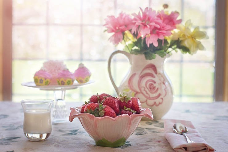 milk strawberry flowers home house table cupcake cake spoon fruit dessert sweet