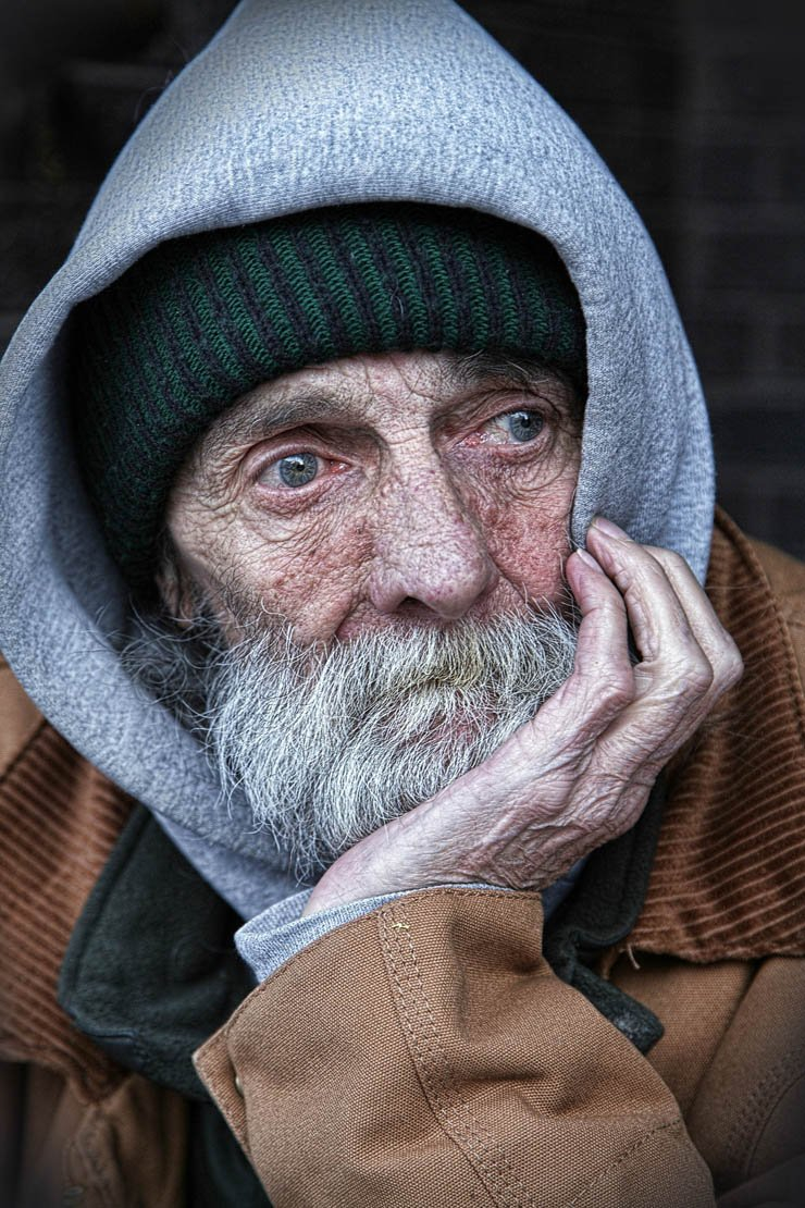 old man sad  think thinking beard hoodie hat cap
