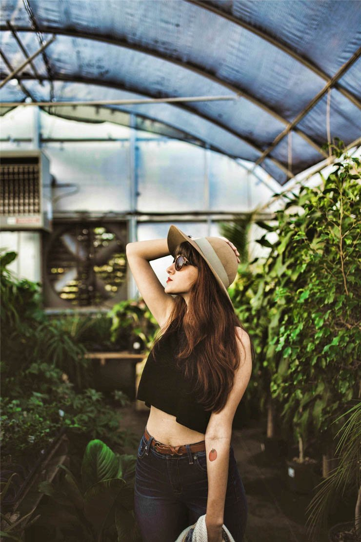 plant greenhouse lady hat sunglasses woman girl