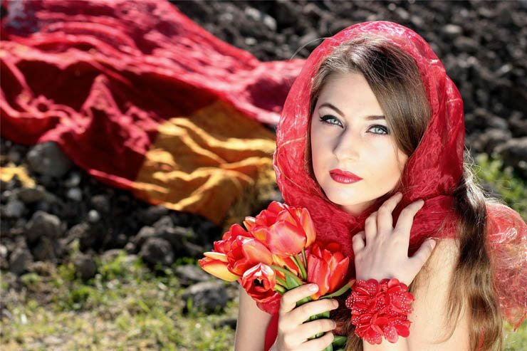 red scarf flowers nature lady woman blue eyes stones
