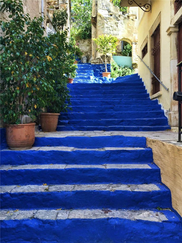 stairs step steps stair city town plant plants blue building buildings