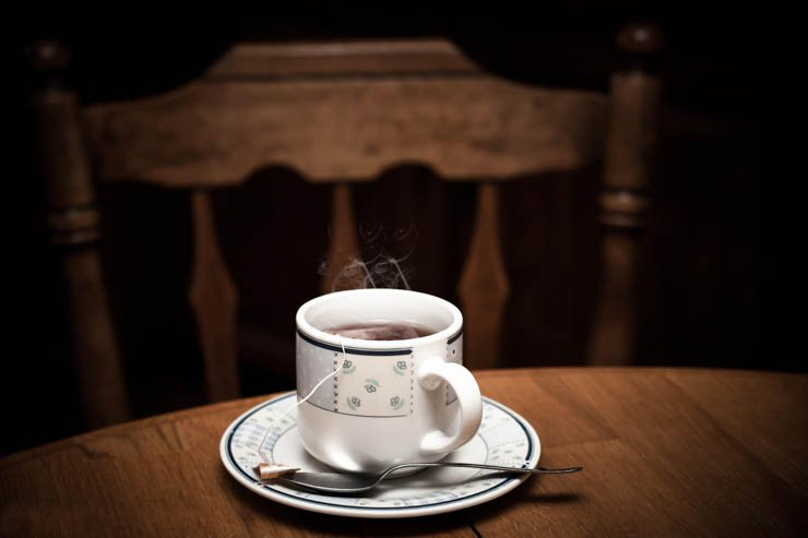 tea bag teabag cup mug spoon plate chair table drink hot