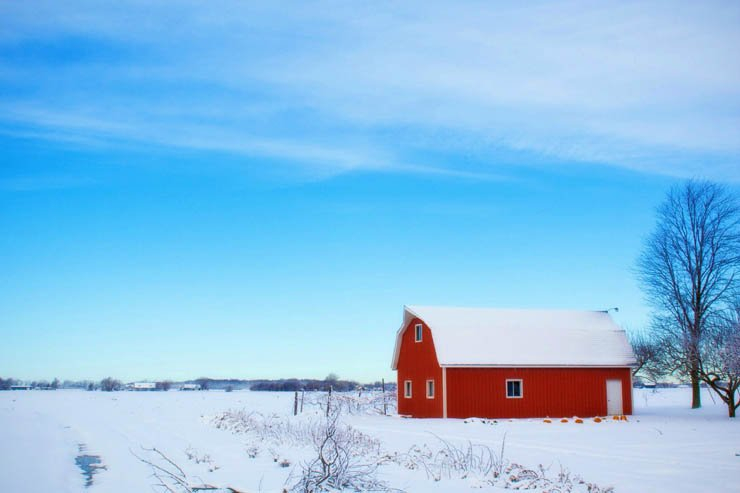 winter farm snow snowy clear sky barn house