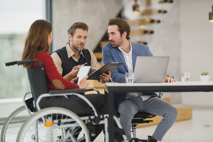 business finance formal job work employee working diversity wheelchair team teamwork meeting discussion planning plan