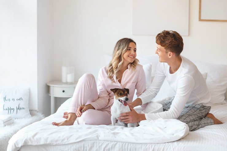 couple love happy happiness lovely care relationship couples passion relation engaged dog bed bedroom pet