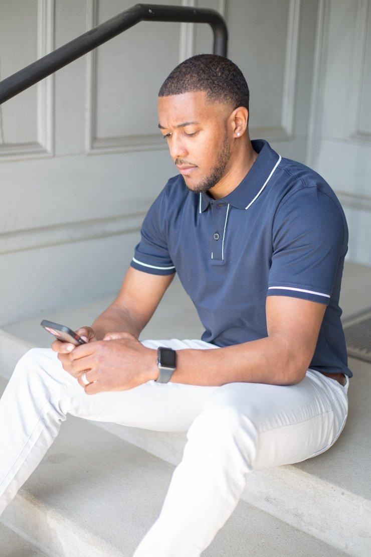 fashion beauty elegant elegance style stylish fashionista fashionable outfit handsome man men male navy blue shirt classy wristwatch african stairs mobile phone cellphone sit sitting