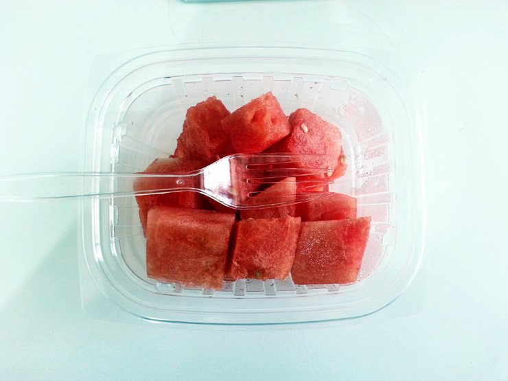 fruit fruits food healthy health diet piece watermelon plastic bowl fork