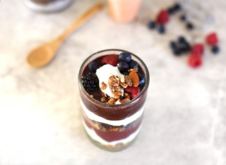 fruit fruits food healthy health pudding cup glass wooden spoon nuts berries blueberry blaackberry raspberry