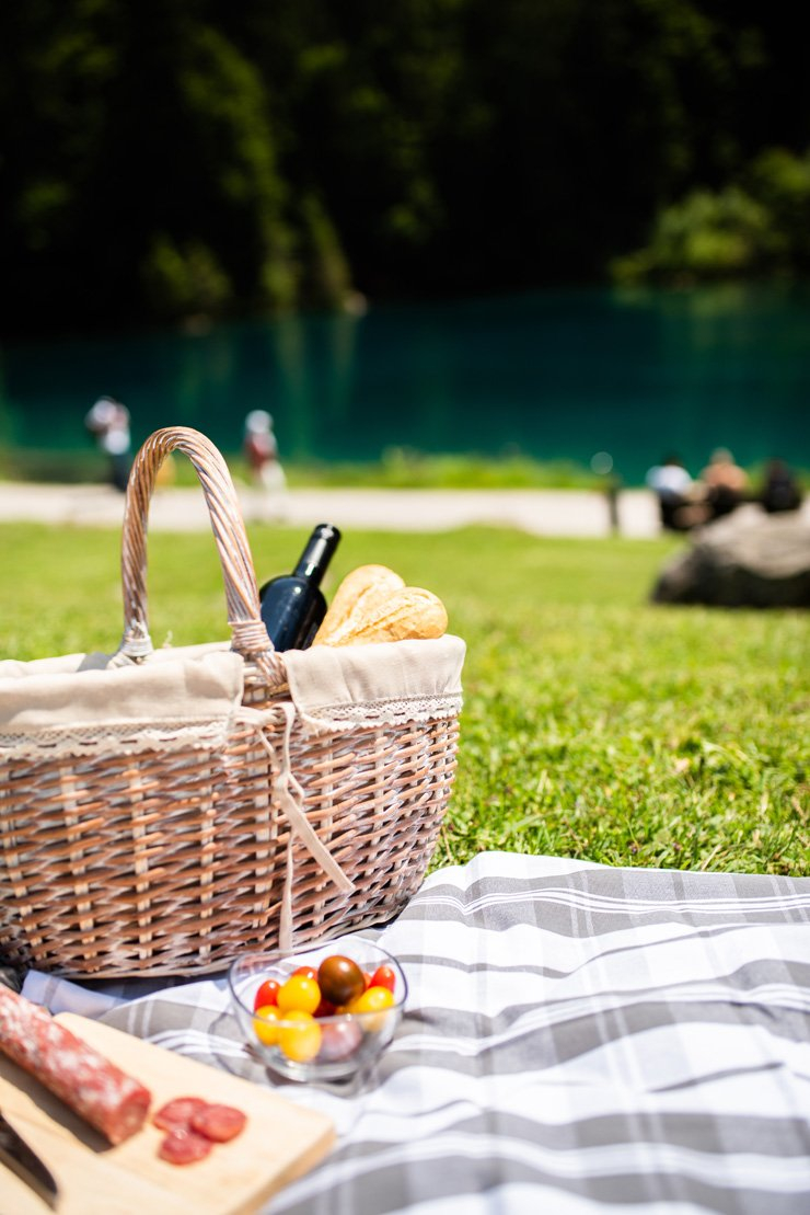 picnic outdoor lifestyle food summer wine bread cheese mat rug grass lake grapes grape basket bucket outdoor