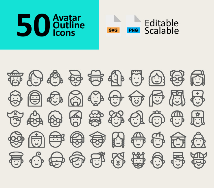 50 Avatars Outline Icons