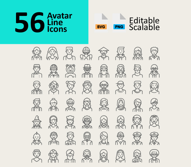 56 Avatars Line Icons