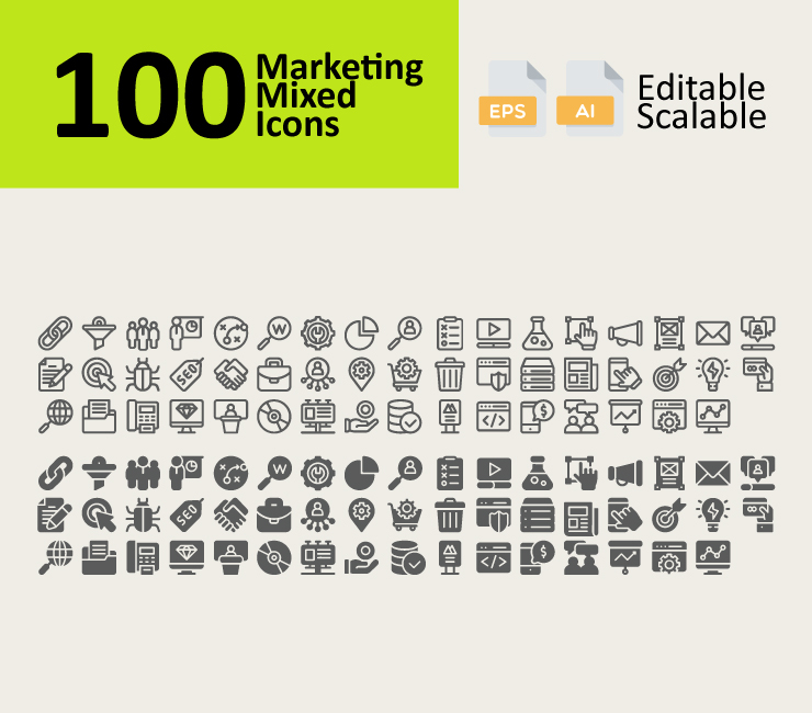 100 Marketing Mixed Icons