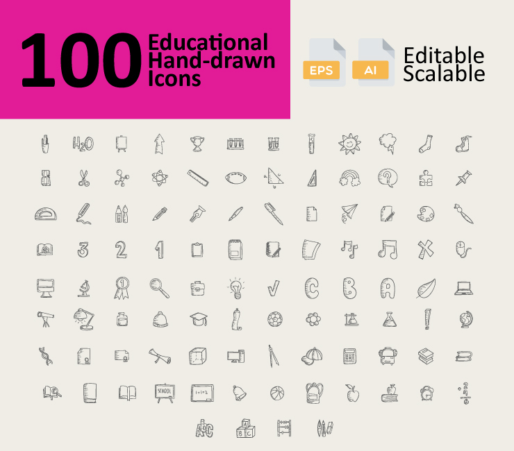 100 Educational Hand Drawn Icons