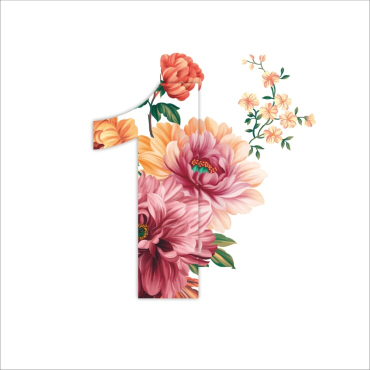 Number one decorated with pink flowers on a white background