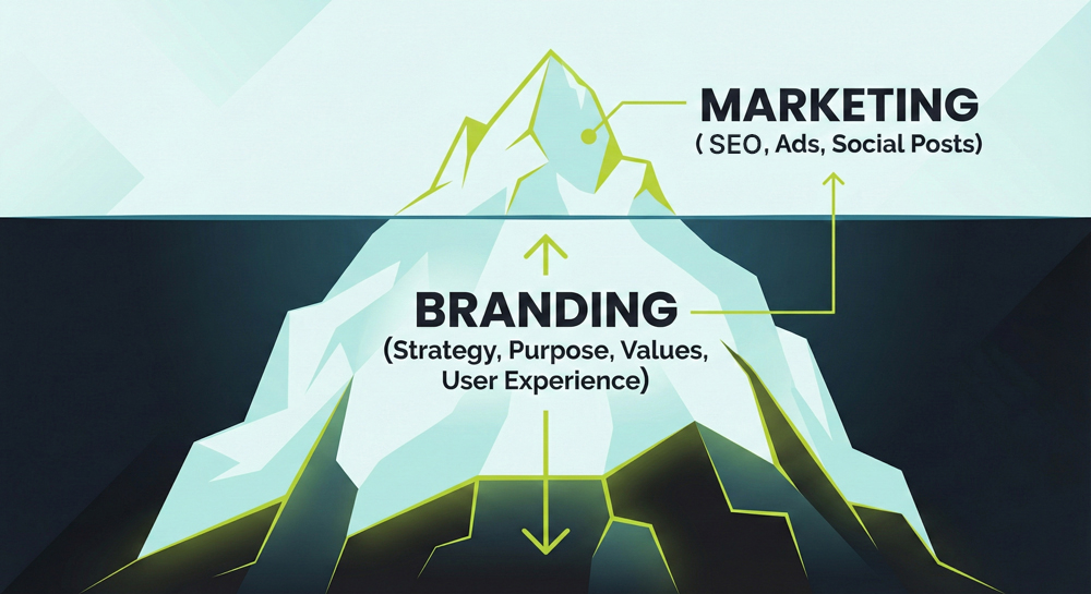 Illustration comparing branding as a foundational tree and marketing as an amplifier for business growth. It describes the Branding Vs Markeing.