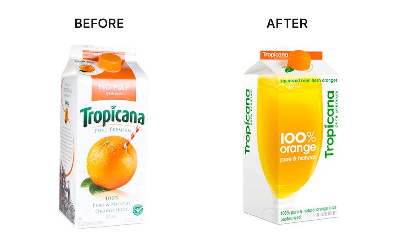 The packaging of Tropicana before and after the rebranding