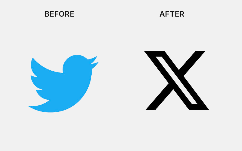 The logo of X formerly known as Twitter before and after the rebranding