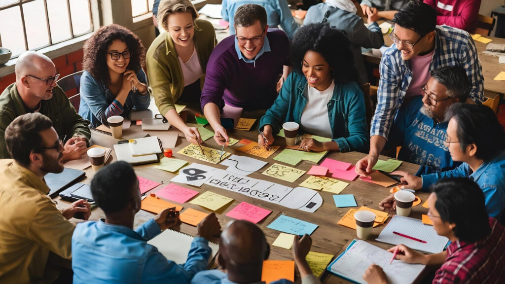 Social enterprise branding workshop with a diverse team reviewing brand materials